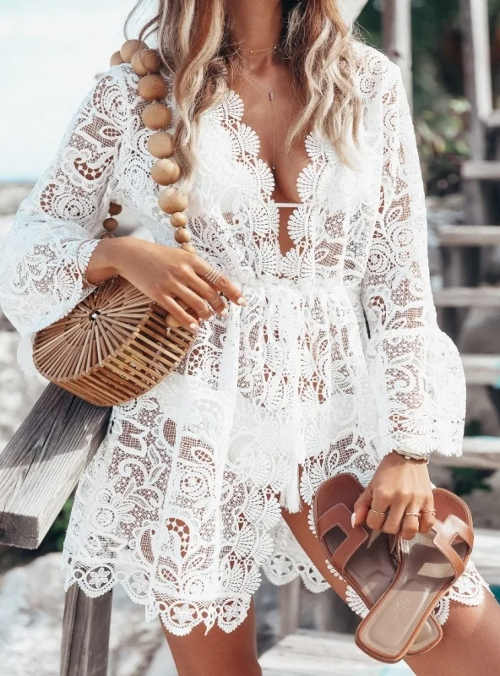 Háčkované biele plážové šaty z priesvitnej čipky
